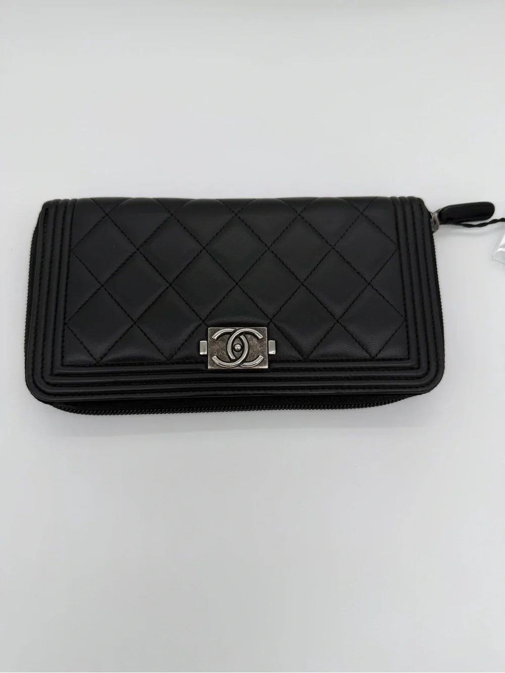 CHANEL Black Quilted Zip-Around Wallet with Silver CC Lock
